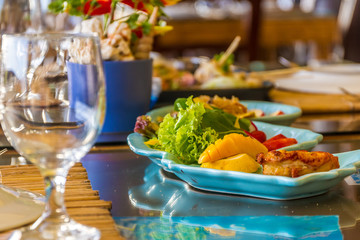 table setup in outdoor cafe, small restaurant in a hotel, summer