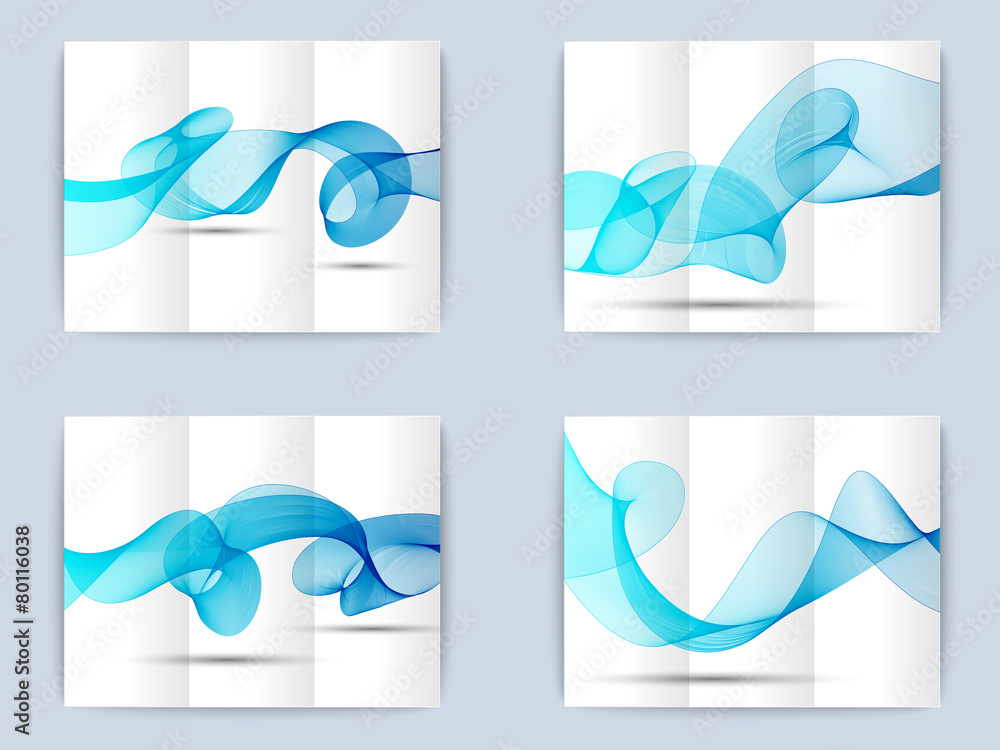 Poster collection of tri-fold brochure with wave background