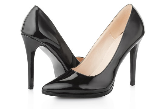 Black shoes for woman on white, clipping path