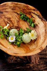 Fine dining gourmet Ice cream dessert in the wooden plate