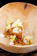 Fine dining, Vanilla ice cream with almond crust