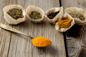 Curcuma powder on cooper spoon