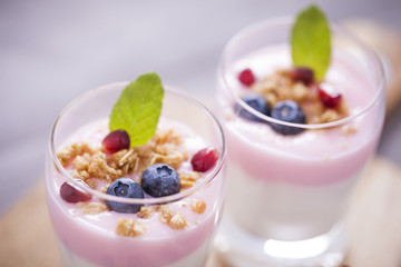 Delicious dessert, flakes flooded in two flavors yogurt with blu
