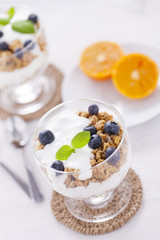 Delicious dessert with fruits and flakes