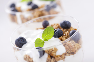 Delicious dessert with fruits and flakes