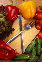 Utensils and vegetables