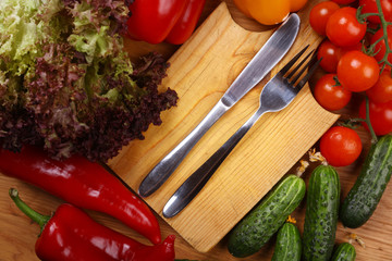 Utensils and vegetables