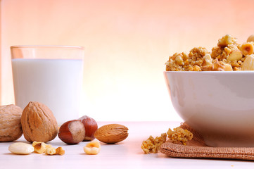Bowl full of cereal with dried fruits