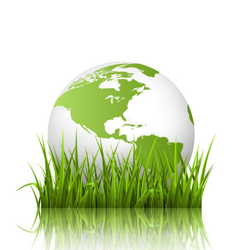 Green planet icon with globe and grass on white background