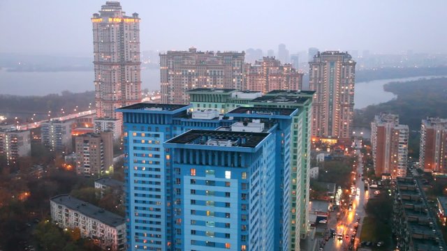 Top of blue and green L shaped blocks in the evening