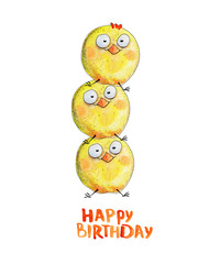 3 chicken. The birthday. Watercolor Hand drawing