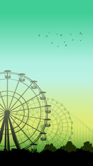 Vertical illustration of roller-coaster and Ferris Wheel.