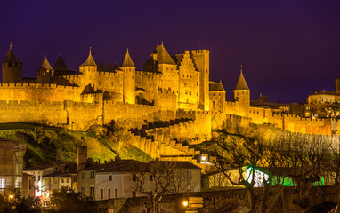 Fototapeta na wymiar Night view of Carcassonne fortress - France, Languedoc-Roussillo
