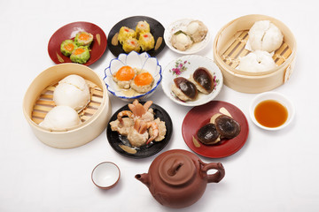 Group of stream Dim Sum chinese food and hot Tea