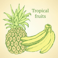 Sketch bananas and pineapple in vintage style - 80131028
