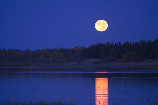 A full moon in the night sky reflected in the waters of a lake.