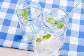 glass of clean water with mint on a table covered with a checker