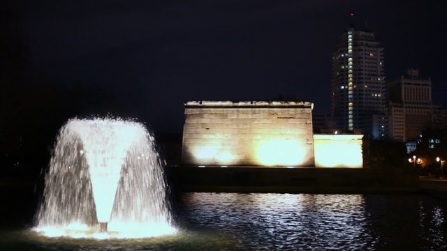 Fountain near Temple of Debod at night in Madrid, Spain.