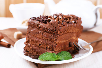 Tasty piece of chocolate cake with mint and cinnamon