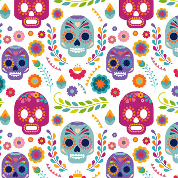 Mexico pattern with skull and flowers
