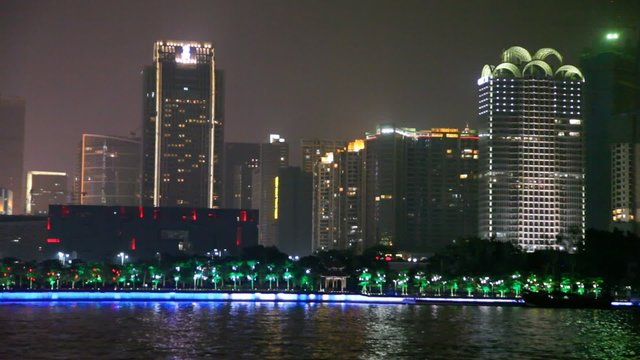 Beautiful night aerial view of the Pearl river and city