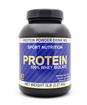 Whey isolate protein jar isolated on white