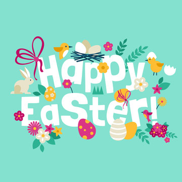 Happy Easter Greeting Card Design With Modern Flat Icons