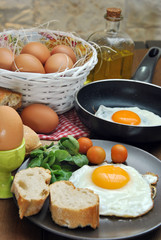 Fried eggs with bread and oil