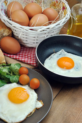 Fried eggs with bread and oil