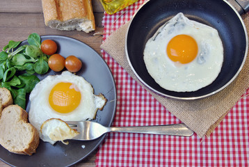 Fried eggs with bread and oil