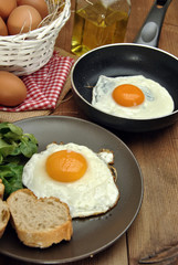 Fried eggs with bread and oil