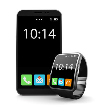 Black smartohone and smart watch on white background