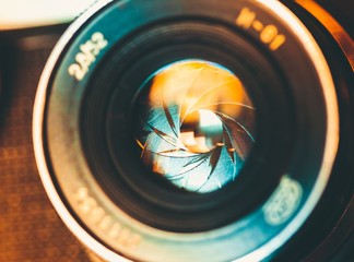 Camera. The diaphragm of a camera lens aperture. Selective focus