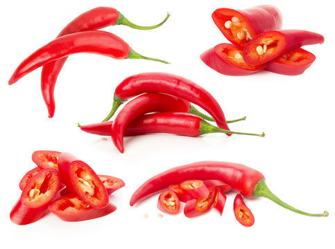 collection of red chilli peppers isolated on the white backgroun