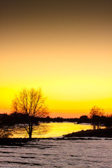 Fototapeta na wymiar Golden Reflection On River Ice