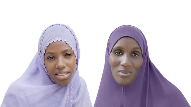 Mother and daughter wearing a veil, isolated
