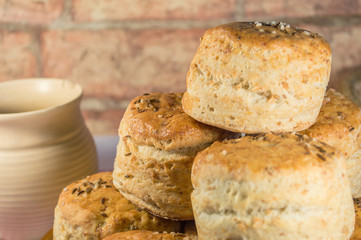 Detail of round salt cakes with a cup in the background