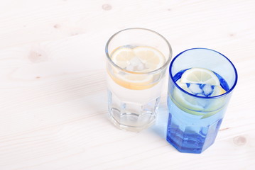 water with lemon and mint in blue glass on the table top view