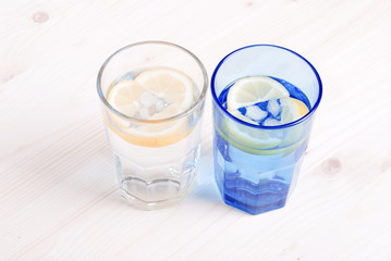 water with lemon and mint in blue glass on the table top view