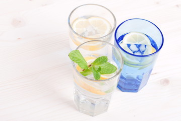 water with lemon and mint in blue glass on the table top view