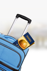 Namibia. Blue suitcase with guidebook.
