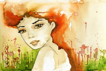 Poster Painterly inspiration abstract watercolor illustration depicting a portrait of a woman