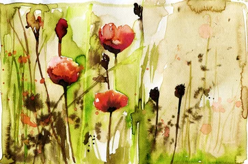 Papier Peint photo Lavable Inspiration picturale illustration à l& 39 aquarelle représentant des fleurs de printemps dans le pré