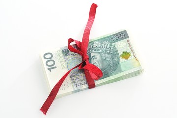 Money Polish Zloty 100 gift with bow - obrazy, fototapety, plakaty