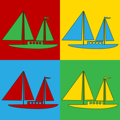 Pop art sailing ship symbol icons.