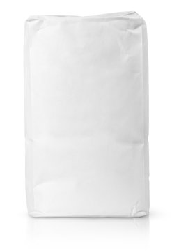 Blank paper bag package of flour on white with clipping path