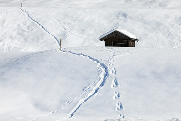 Traditional wooden hut in snow, Alps, Germany
