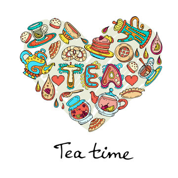Vector stylized heart with hand drawn symbols of tea time