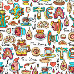 Vector pattern with hand drawn and isolated symbols of tea time