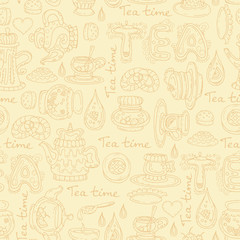 Vector pattern with hand drawn symbols of tea time on beige